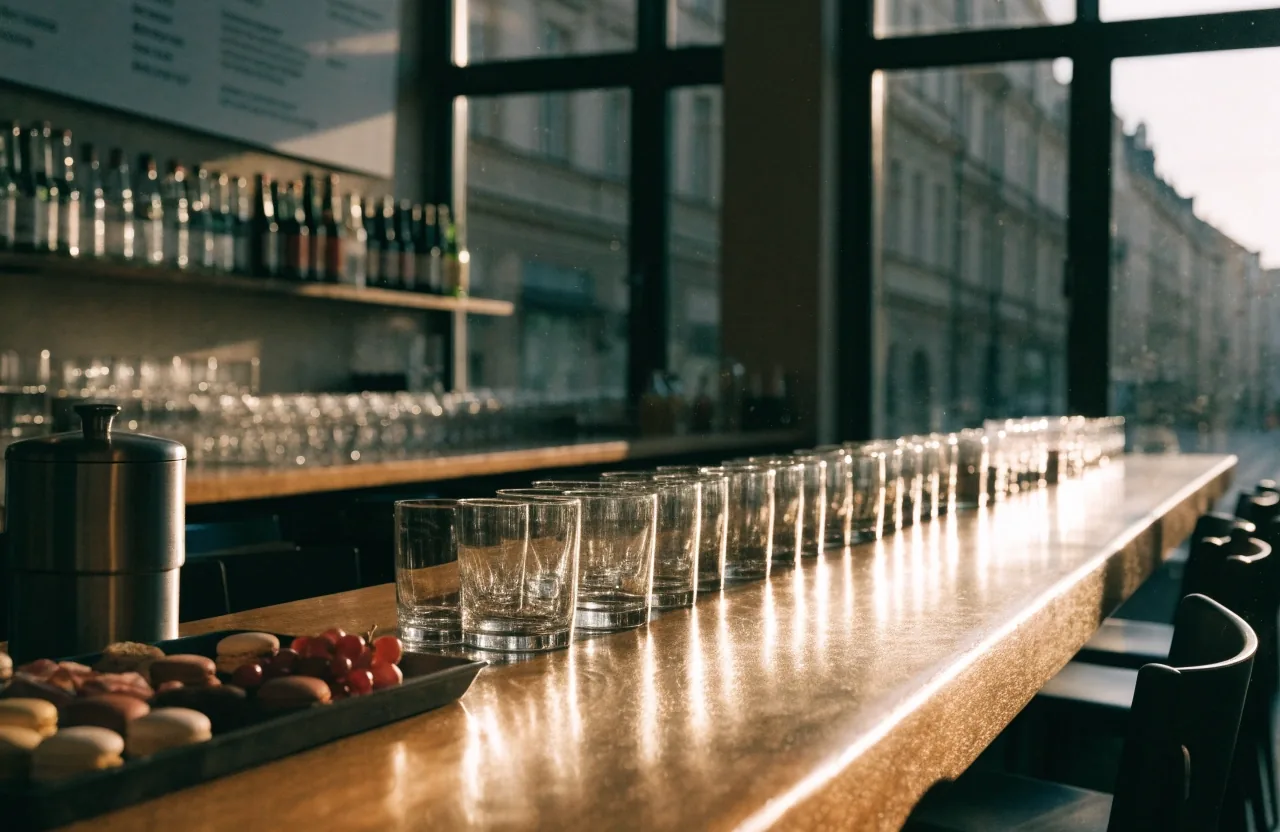 Dřevěný bar lounge kavárny s čistým nádobím a podnosem se zákusky při večerním světle