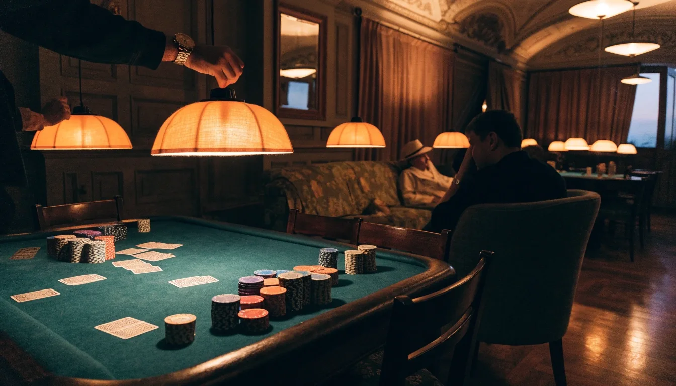 Pokerová herna v podvečer, obsazené stoly pod nízkými lampami